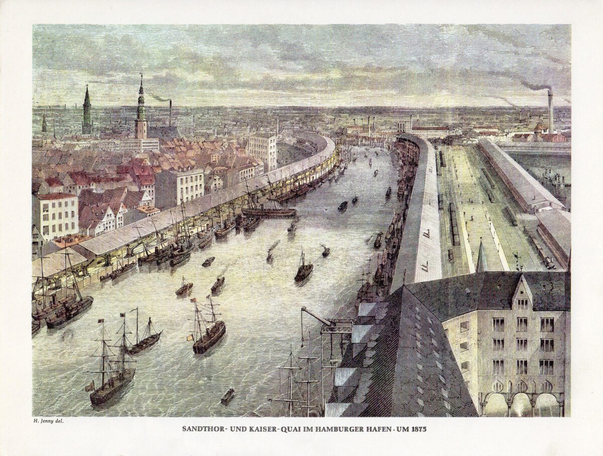 Historisches Gemälde vom Sandthor- und Kaiser-Quai im Hamburger Hafen um 1871